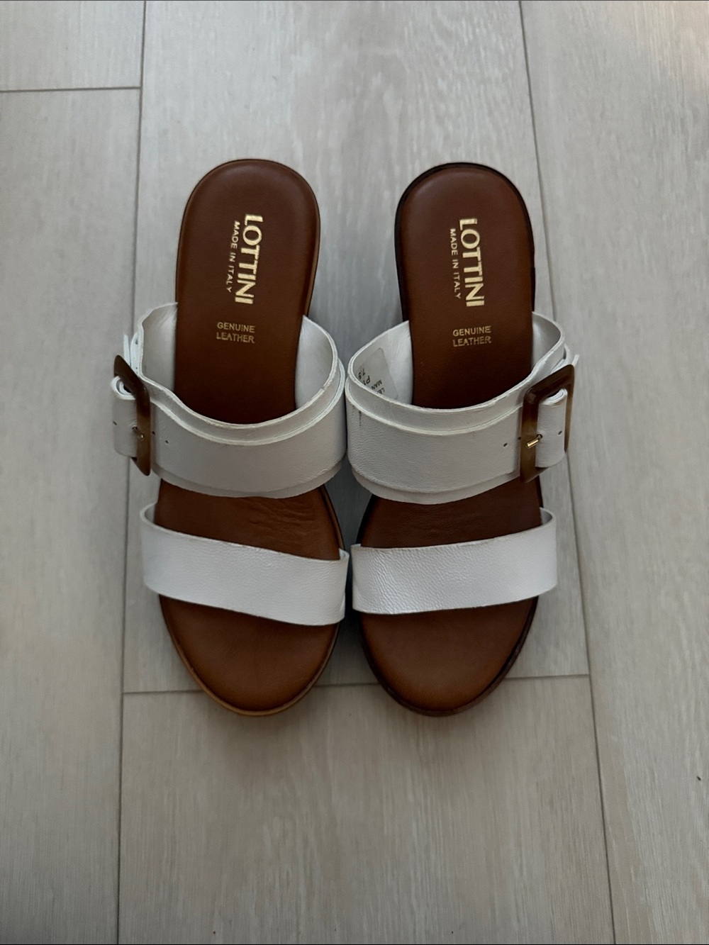Lottini White Leather Wedge Slide Sandals with Buckle